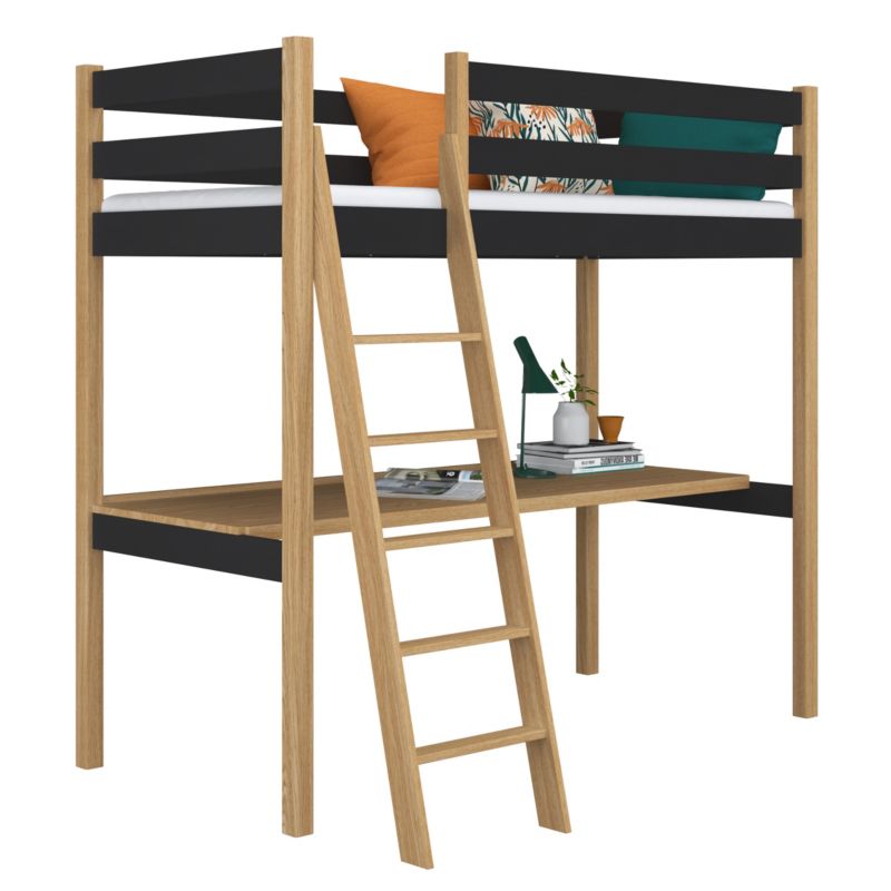 Drewniane łóżko N-WOOD na antresoli z biurkiem N03 czarno dębowy 80x180 1szt.