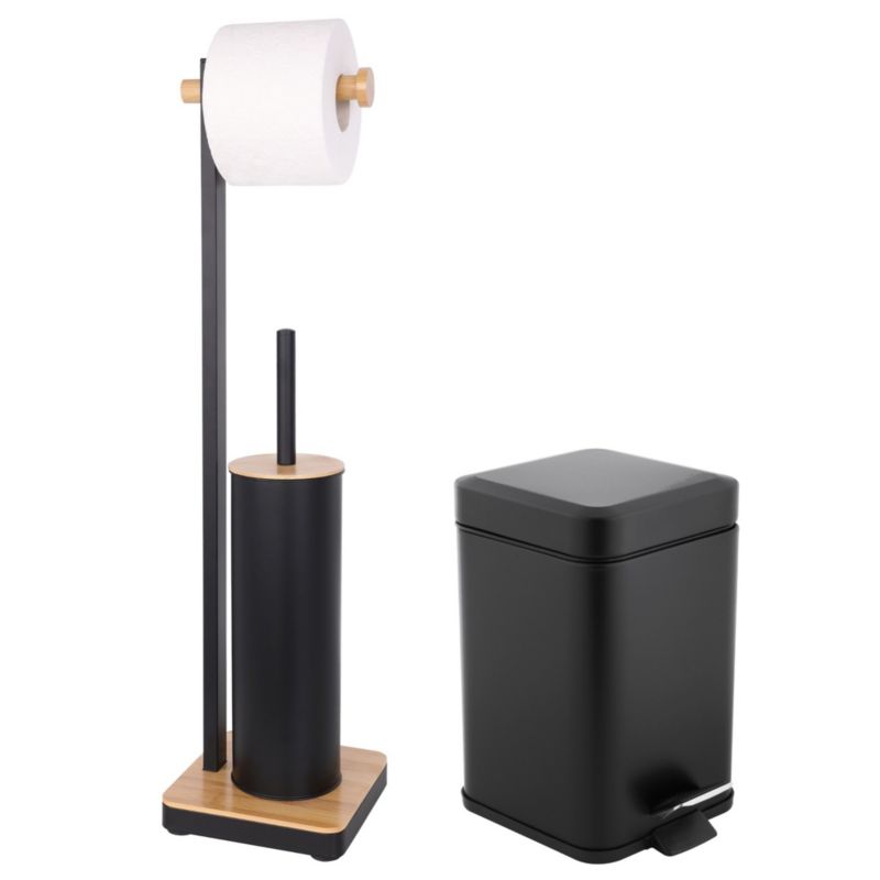 Zestaw łazienkowy Yoka Home czarny z bambusem kosz na śmieci 3L Soft Close i stojak na papier ze szczotką WC - 1 szt.