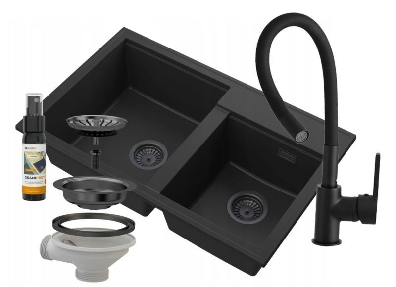 Zlewozmywak Granitowy Granitan Hektor Dwukomorowy z Syfonem 1kpl.