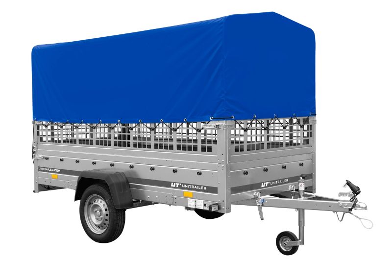 Przyczepka samochodowa Unitrailer na resorach 264x125 GARDEN 264/R KIPP z burtami siatkowymi, stelażem H-800 i pokrowcem 1 szt.
