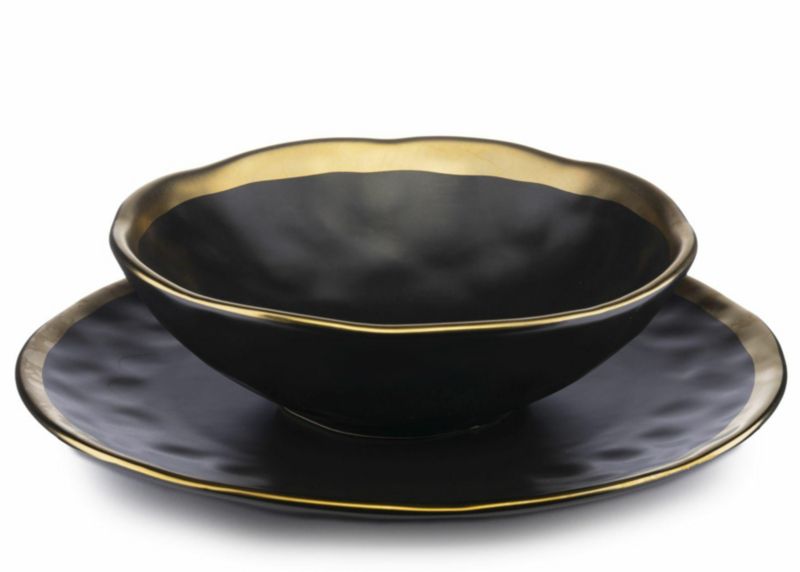 Zestaw ośmiu talerzy LISSA BLACK GOLD HowHomely płytki głęboki czarno złote 1 kpl.