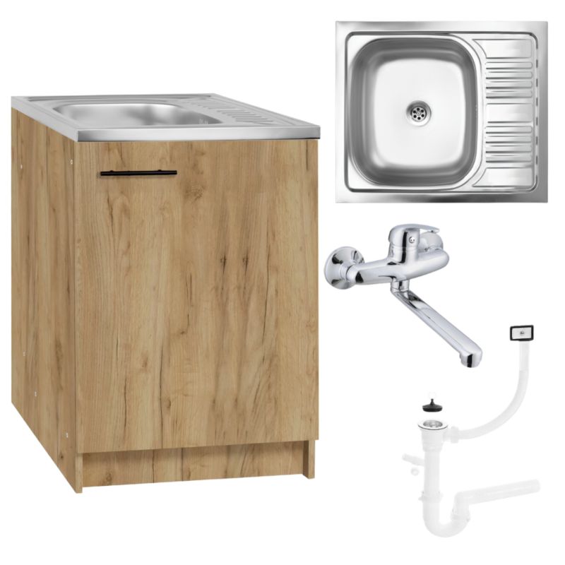 Szafka Kuchenna Stamar Dąb Złoty 600 x 500 mm + Zlewozmywak + Syfon + Bateria Ścienna 1 szt