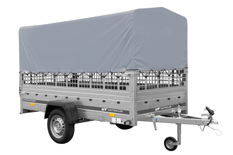 Przyczepka samochodowa Unitrailer na resorach 264x125 GARDEN 264/R KIPP z burtami siatkowymi, stelażem H-800 i pokrowcem 1 szt.