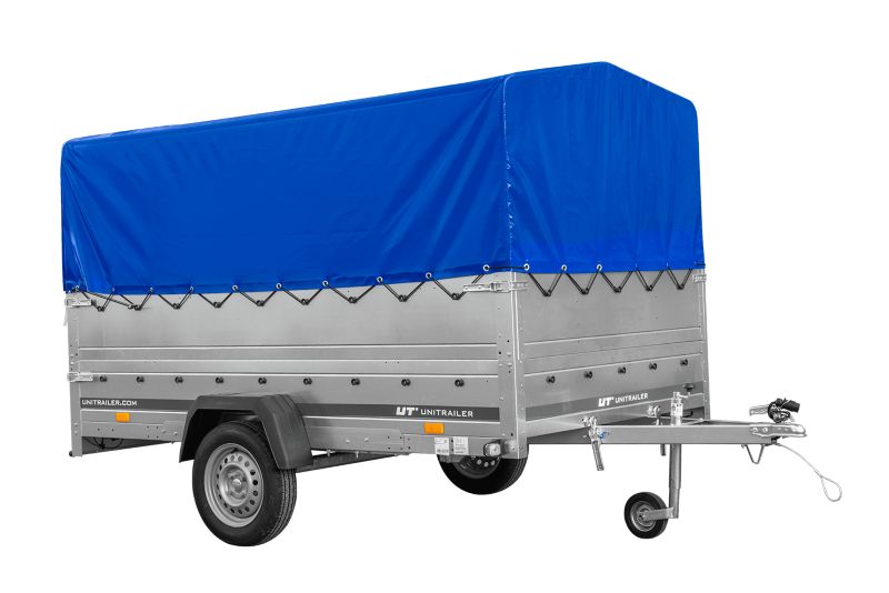 Przyczepka samochodowa jednoosiowa Unitrailer na resorach 264x150 GARDEN 265/R KIPP z burtami BIS stelaż H-800 i pokrowcem 1 szt.
