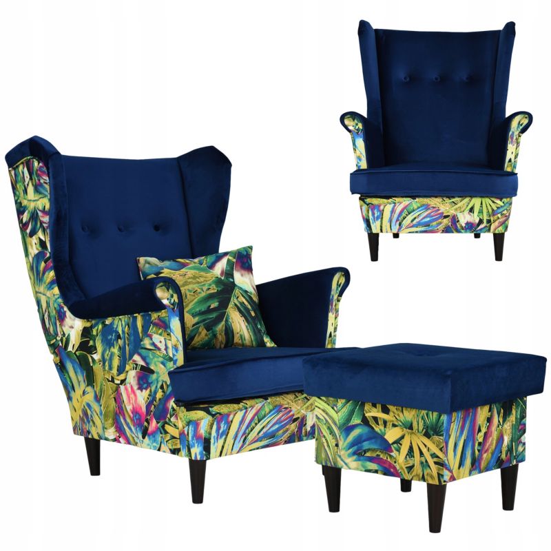 Fotel uszak do salonu z podnóżkiem Family Meble Ari Print Duo wielokolorowy 1szt