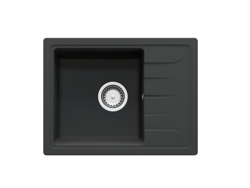 Zlewozmywak granitowy GranMaster Gracia 580x440x164 mm, jednokomorowy z ociekaczem, czarny mat 1 szt.