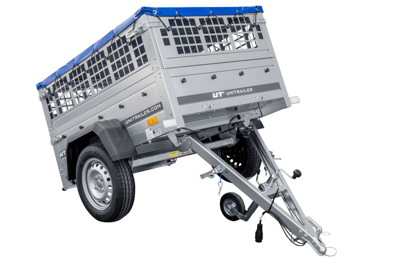 Przyczepka samochodowa 150x106 UNITRAILER GARDEN 150 KIPP z burtami siatkowymi i pokrowcem niebieskim 1 szt.