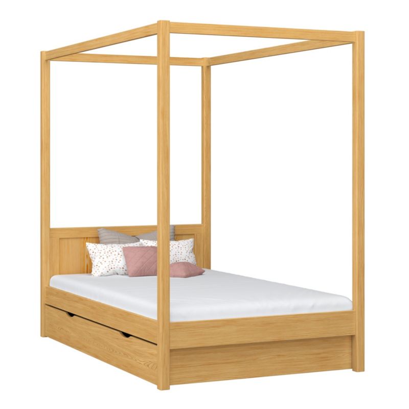 Drewniane łóżko N-WOOD pojedyncze z baldachimem i szufladą N02 sosna naturalna 80x180 1szt.