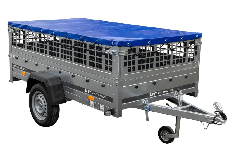 Przyczepka samochodowa Unitrailer na resorach 264x125 GARDEN 264/R KIPP z burtami siatkowymi, stelażem H-0 i plandeką 1 szt.