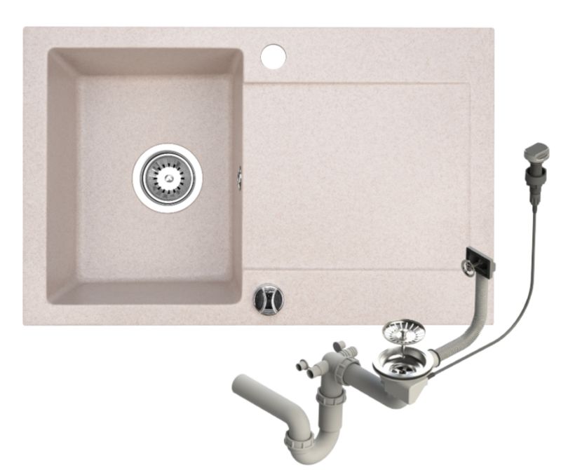 Zlewozmywak granitowy Brenor Cordeo 67 beżowy 67x43cm jednokomorowy z ociekaczem z syfonem automatycznym 1 szt