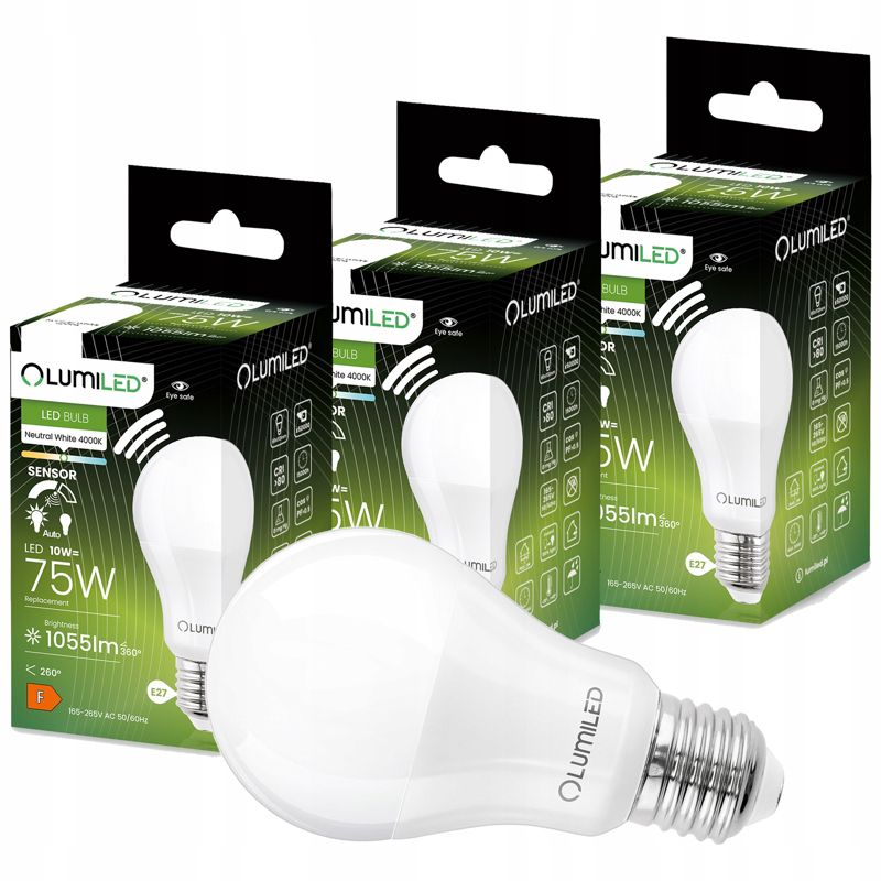 Żarówka LED Lumiled E27 A60 10 W 1055 lm 4000K 260 st z czujnikiem ruchu 3 szt.