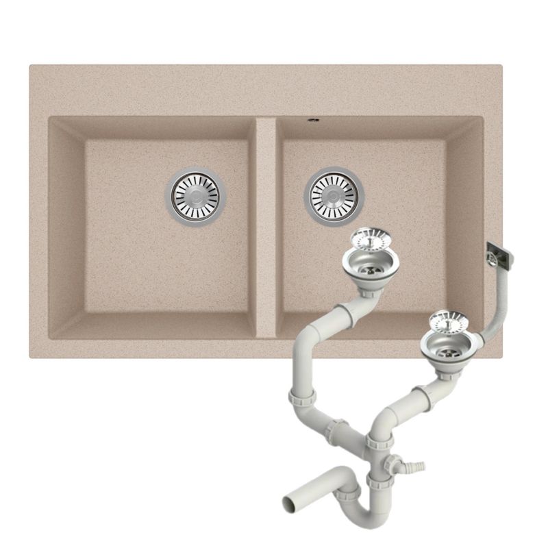 Zlewozmywak granitowy Brenor Martel 2K beżowy 85 x 50 cm dwukomorowy z syfonem manualnym 1 szt