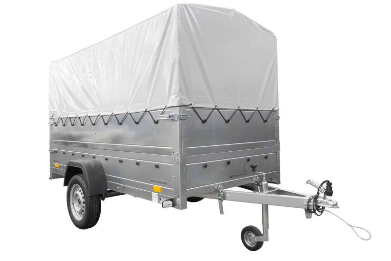 Przyczepka samochodowa Unitrailer na resorach 264x125 GARDEN 264/R KIPP z burtami BIS, stelażem H-800 i pokrowcem szarym 1 szt.