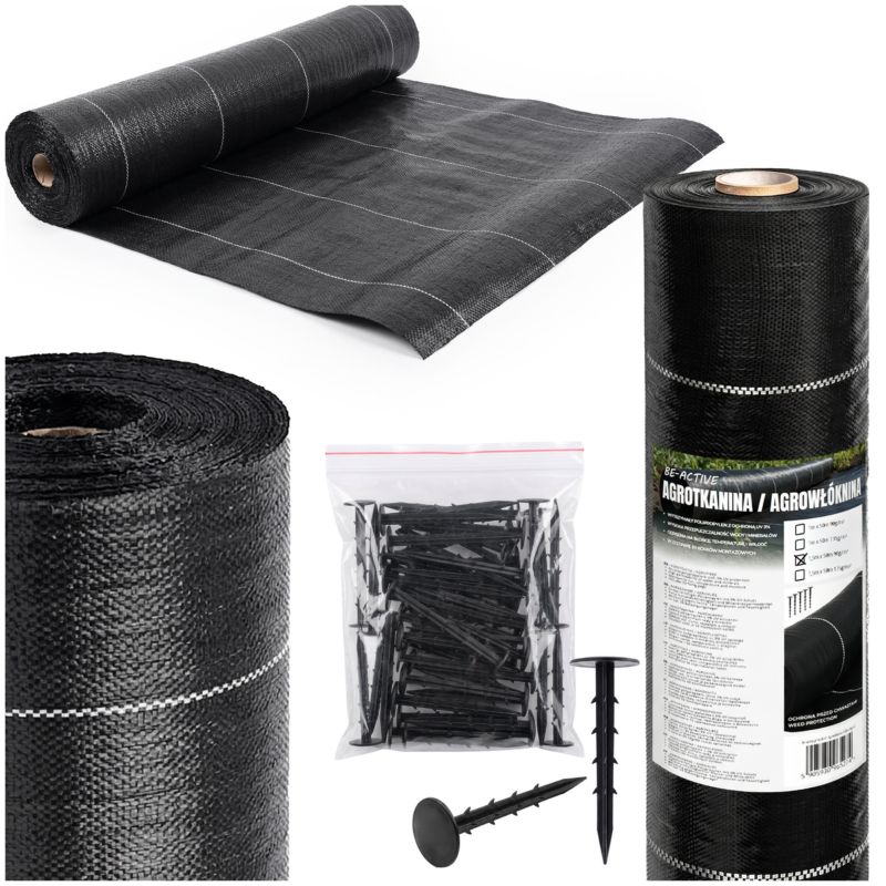 Agrowłóknina na chwasty Be-active.pl 1,5x50m 90g/m² mocna pod tuje na rabaty z 50 kołkami czarna 1 szt.