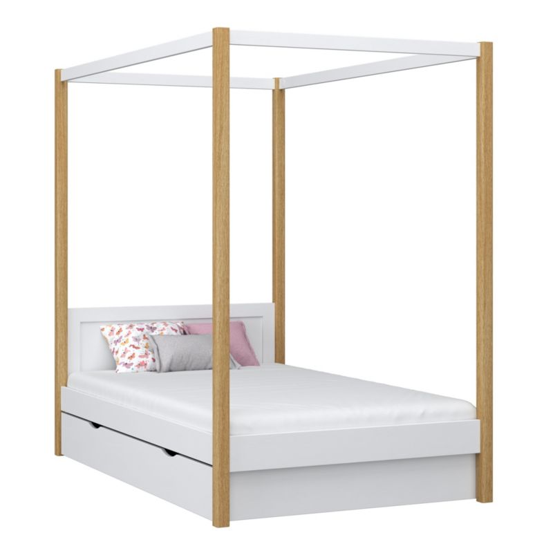 Drewniane łóżko N-WOOD pojedyncze z baldachimem i szufladą N02 biało dębowy 80x180 1szt.