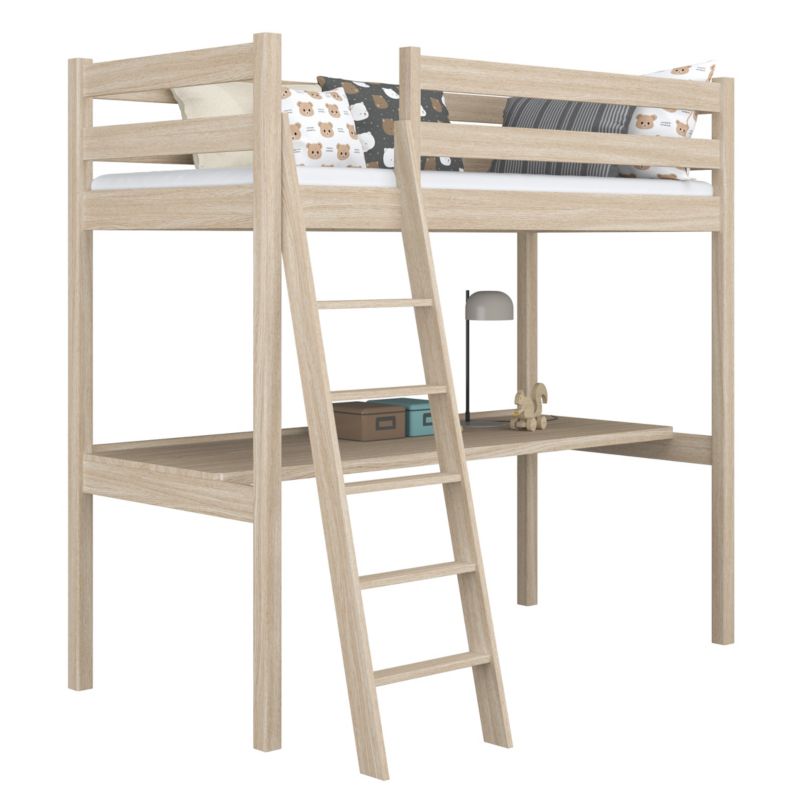 Dębowe łóżko N-WOOD na antresoli z biurkiem N03 dąb bielony 80x180 1szt.