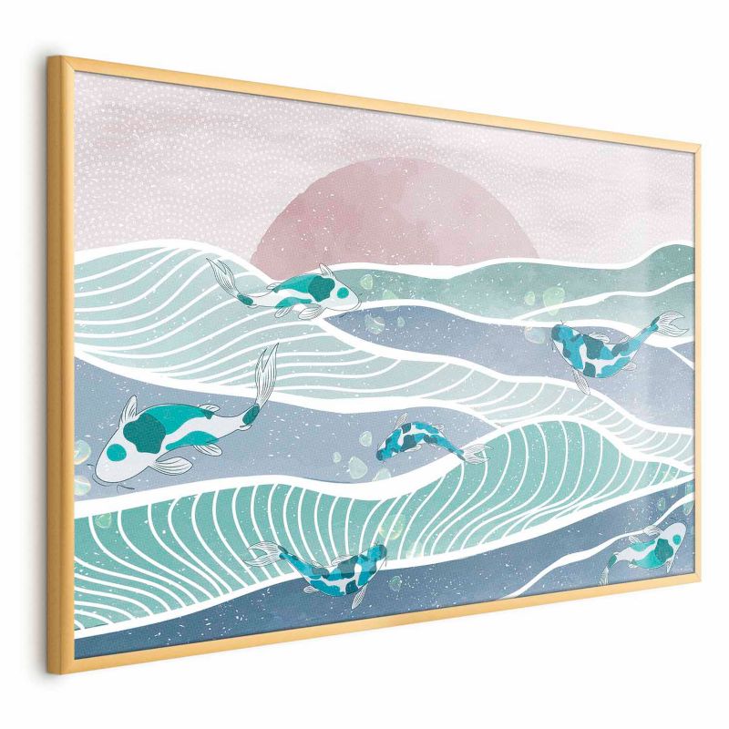 Plakat Artgeist Ryby na falach 90x60 cm z ramą złotą 1 szt