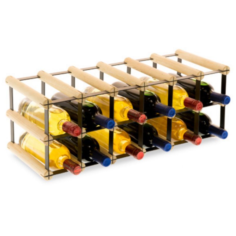Stojak na wino MODO24 na butelki PET szafka duży eko na 12 butelek czarny metal drewno naturalne 1 szt.