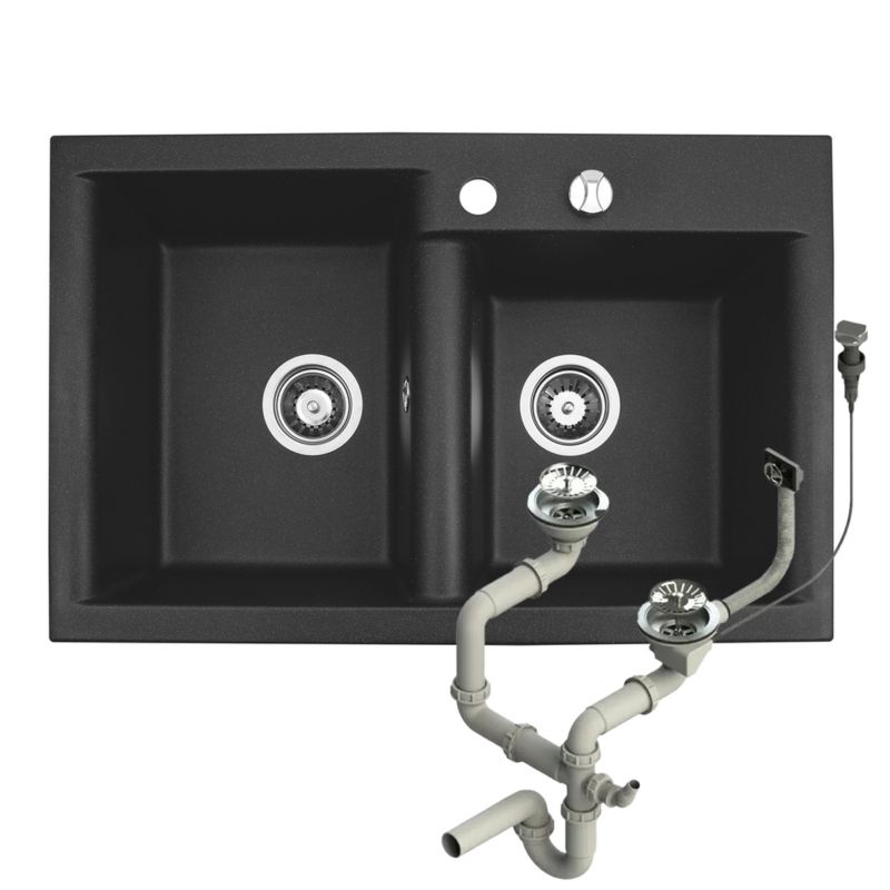 Zlewozmywak granitowy Brenor Estein 2K czarny 78 x 50 cm dwukomorowy z syfonem automatycznym 1 szt.