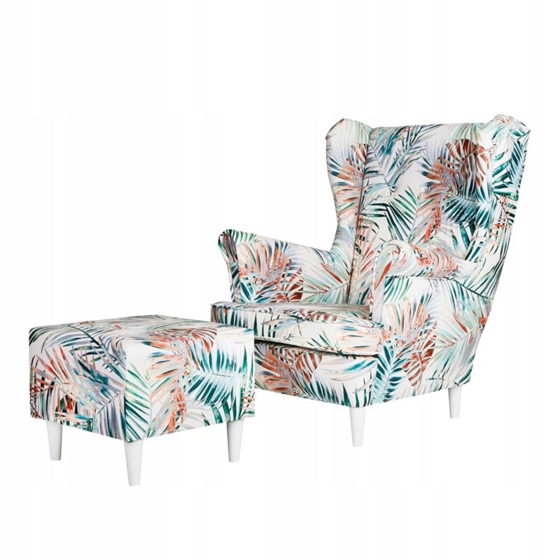 Fotel uszak do salonu z podnóżkiem Family Meble ARI PRINT liście 1szt