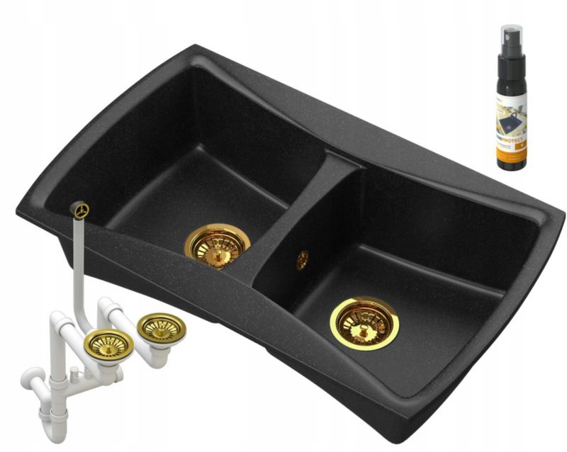 Zlew Granitowy Dwukomorowy Granitan Double Syfon Złoty 1 kpt.