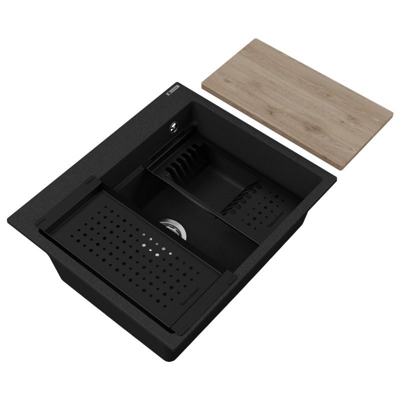 Zestaw zlewozmywak kuchenny GranMaster Massimo 1-komorowy bez ociekacza, z zestawem tacek, deska drewniana, czarny metalik 1szt.