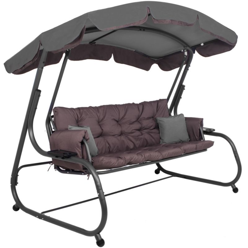 Huśtawka ogrodowa, tarasowa z daszkiem i moskitierą Springos 3-osobowa z podstawkami na napoje brązowo-szara 1 szt.
