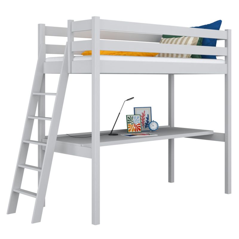 Drewniane łóżko N-WOOD na antresoli z biurkiem N02 popielaty 80x180 1szt.