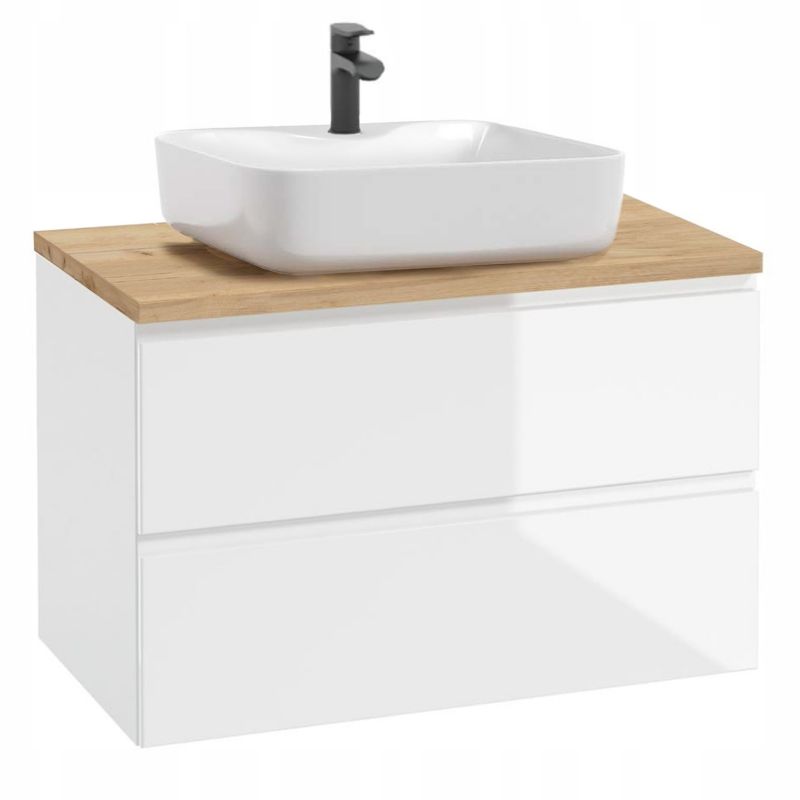 Szafka Łazienkowa Stamar Biała Połysk 800 mm z Blatem Dąb Złoty i Umywalką z Otworem 1 szt