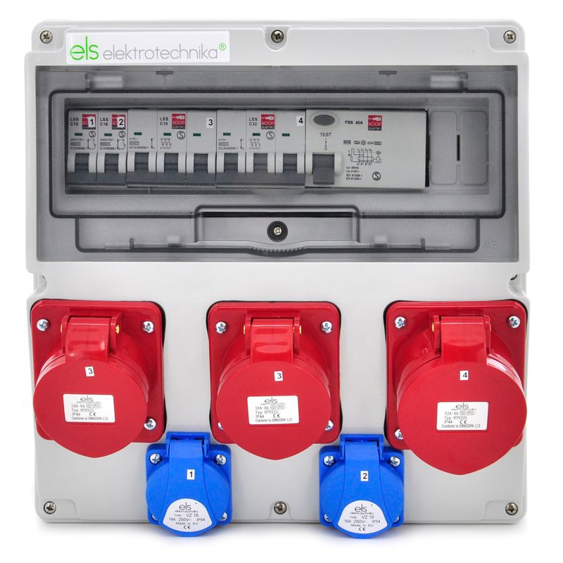 Rozdzielnica budowlana ELS Elektrotechnika 14NO22C21C11CF 2x230V 32A/5 2x16A/5 zabezpieczona C16 C32 i różnicówką FI40/4, 1 szt.