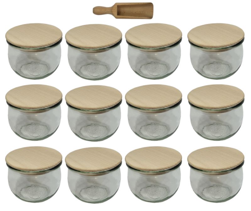 Słoiki MODO24 Weck 580 ml fi 100 tulip drewniane wieka miarka 12 kpl.
