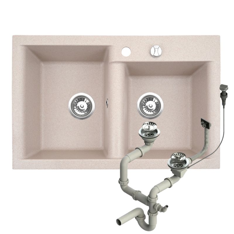 Zlewozmywak granitowy Brenor Estein 2K beżowy 78 x 50 cm dwukomorowy z syfonem automatycznym 1 szt.