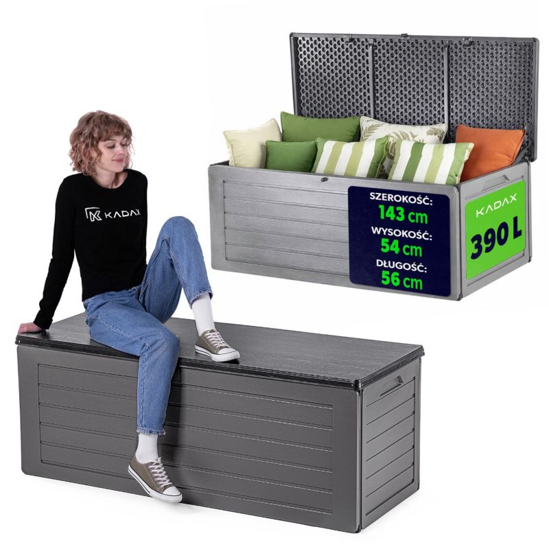 Skrzynia ogrodowa KADAX 390L, 143x56x54 cm szara plastikowa, 1 szt.