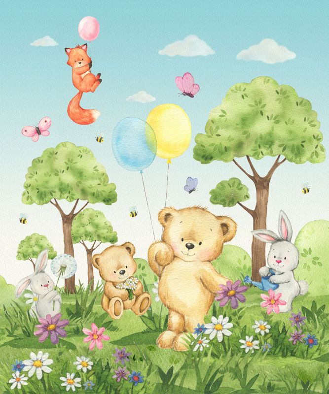 fototapeta Sanders & Sanders las ze zwierzętami leśnymi zielonymIniebieskim 270 x 225 cm - 1 rol.