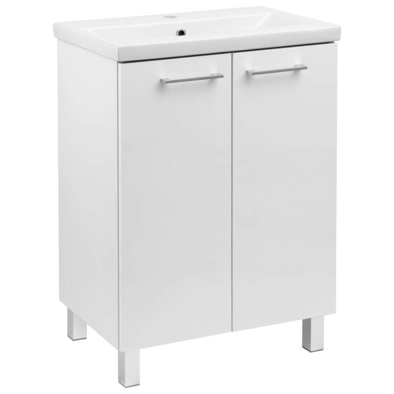 Szafka łazienkowa z umywalką ceramiczną MyFurni, 60 cm, biała połysk, stojąca, 1 kpl.