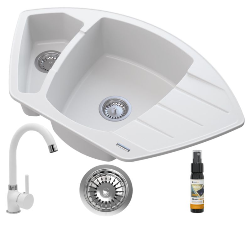 Zlewozmywak Granitowy Granitan Compact Narożny z Syfonem i Baterią Beta Biały 1kpl.