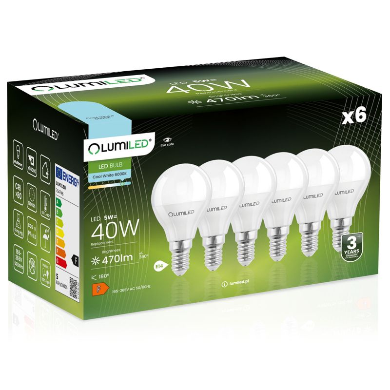 Żarówka LED LUMILED E14 P45 5W 470lm 6500K 180st 6 szt.