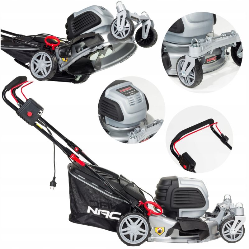 Kosiarka elektryczna NAC 46 cm indukcyjny 1800W kosz 50 l stalowa obudowa koła skrętne wyrzut mielenie centralna regulacja 1 szt.