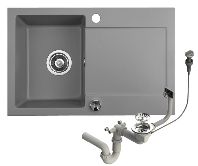 Zlewozmywak granitowy Brenor Cordeo 67 szary 67x43cm jednokomorowy z ociekaczem z syfonem automatycznym 1 szt