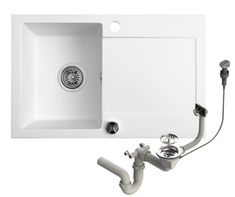 Zlewozmywak granitowy Brenor Cordeo 67 biały 67x43cm jednokomorowy z ociekaczem z syfonem automatycznym 1 szt