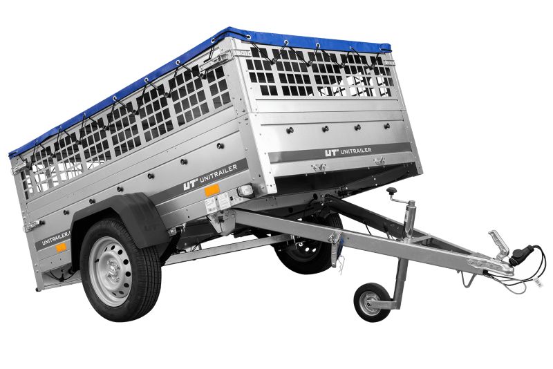 Przyczepka samochodowa Unitrailer GARDEN 201/R KIPP na resorach 200x125 burty siatkowe stelaż H-0 i pokrowcem niebieskim 1 szt.
