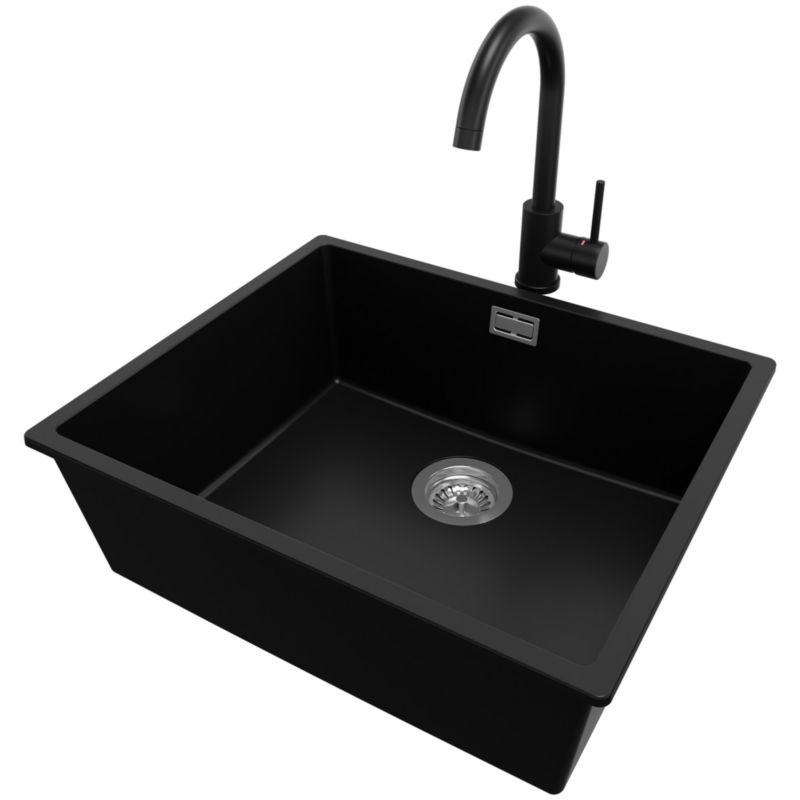 Zlewozmywak podblatowy Londyn PRIMAGRAN 56x47cm do szafki od 60cm, Czarny + Bateria 32x20cm + Syfon, S307, 1 szt.