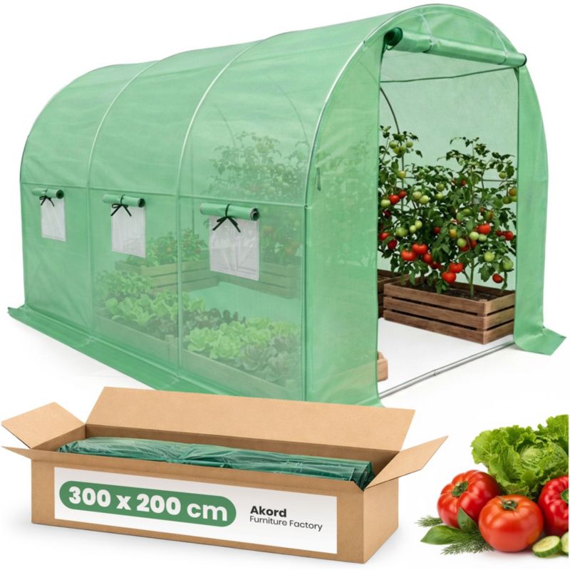 Tunel foliowy ogrodowy szklarnia AKORD 1 drzwi 6 okien Zielony 200x300x200 cm 1 szt.
