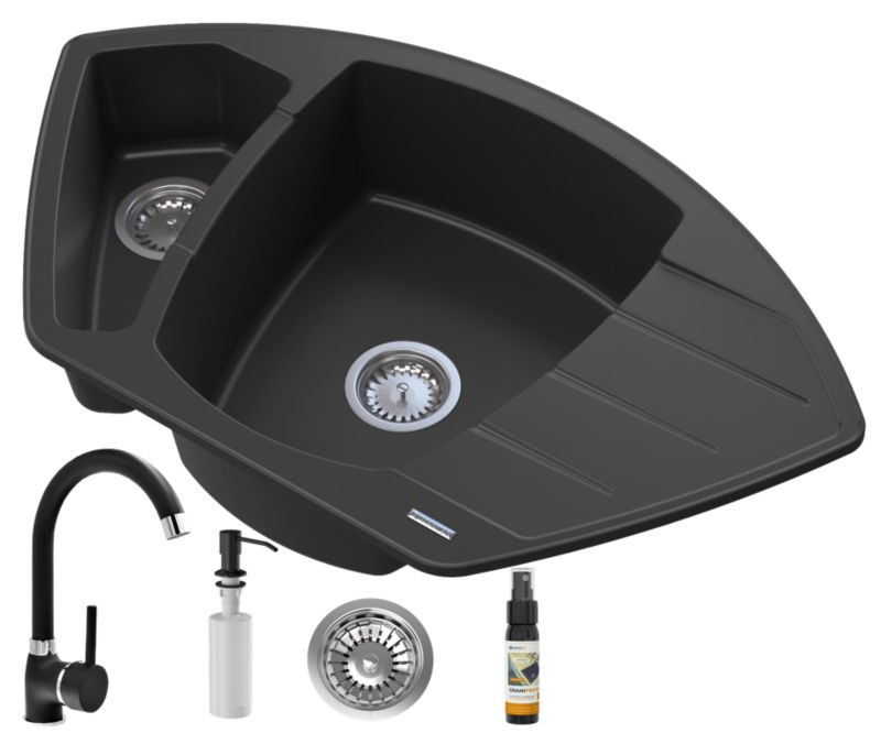 Zlewozmywak Granitowy Granitan Compact Narożny z Syfonem, Baterią Beta i Dozownikiem Czarny 1kpl.