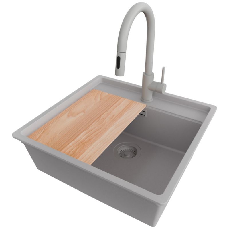 Zlewozmywak podblatowy Bergen PRIMAGRAN 56x53cm do szafki od 60cm, Szary + Bateria 40x20cm + Syfon + Deska, S096, 1 szt.