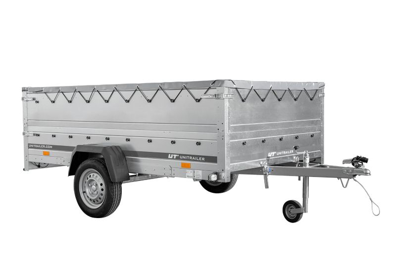Przyczepka samochodowa Unitrailer na resorach 264x150 GARDEN 265/R KIPP z burtami BIS, stelażem H-0 i pokrowcem szarym 1 szt.