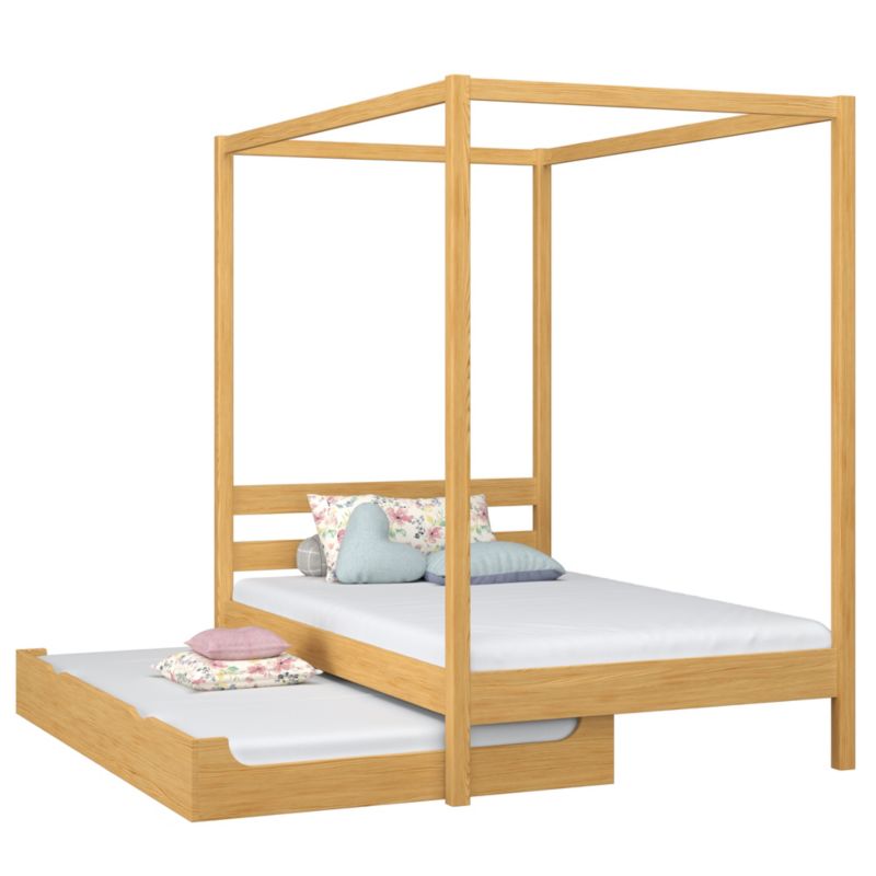 Drewniane łóżko N-WOOD pojedyncze z baldachimem i szufladą na dodatkowy materac N01 sosna naturalna 80x180 1szt.