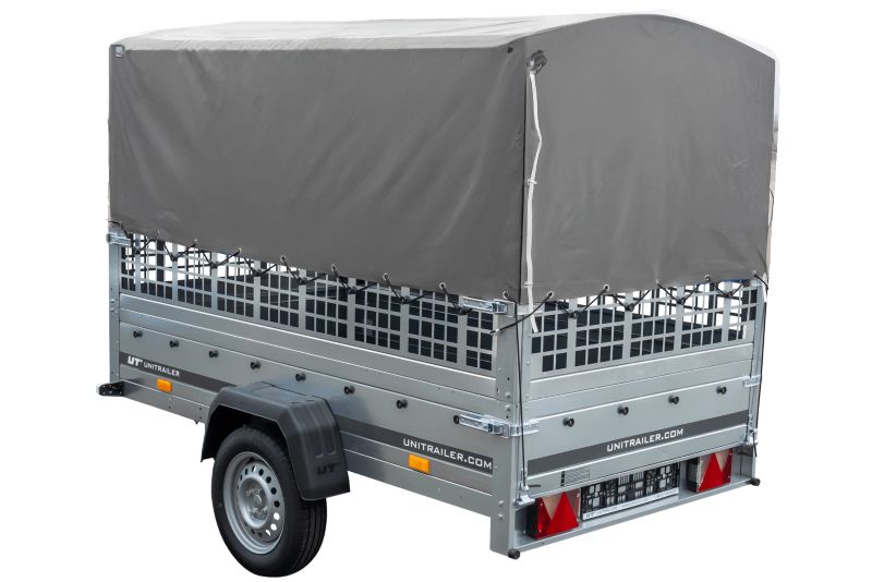Przyczepka samochodowa Unitrailer GARDEN 230/R KIPP na resorach 230x125 burty siatkowe stelaż H-800 szary pokrowiec 1 szt.