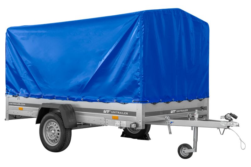 Przyczepka samochodowa Unitrailer na resorach 264x150 GARDEN 265/R KIPP ze stelażem H-1100 i pokrowcem niebieskim 1 szt.