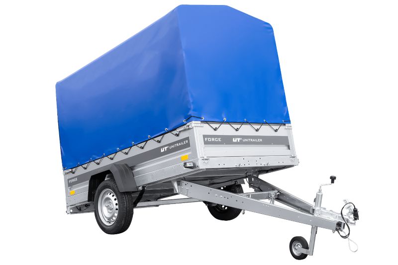 Przyczepka samochodowa Unitrailer na resorach 230x125 FORCE 230/R KIPP ze stelażem H-1100 i pokrowcem niebieskim 1 szt.